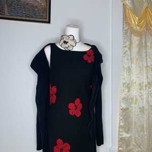 Black and red floral maxi dress with a high neckline